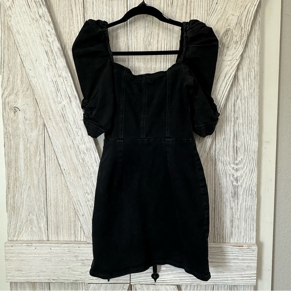 Denim Bershka Puff Sleeve Front Zip Stretch Dress - Picture 7 of 11